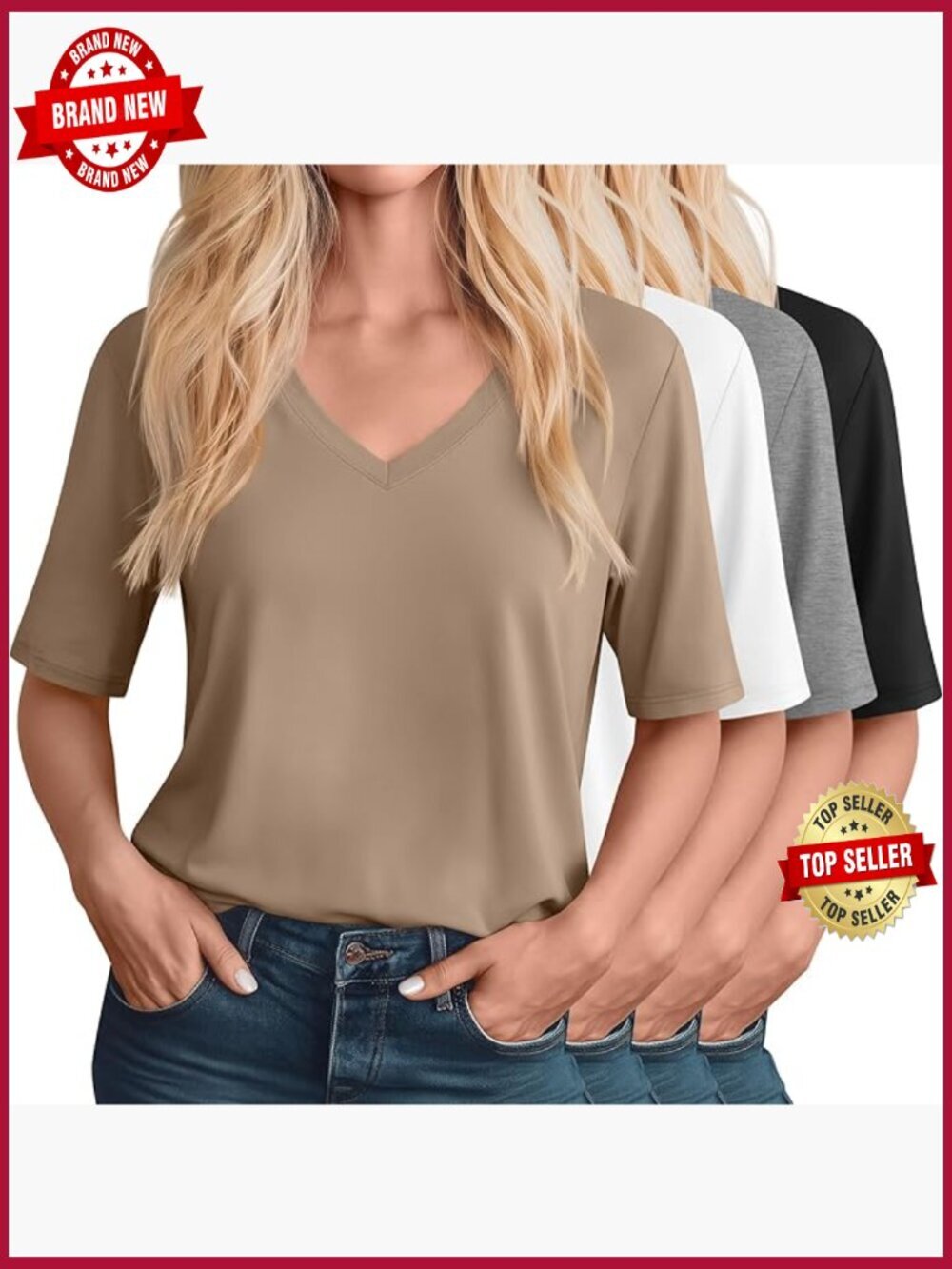 4 Pk Womens V Neck Half Sleeve Tops Loose Fit Basic Tees